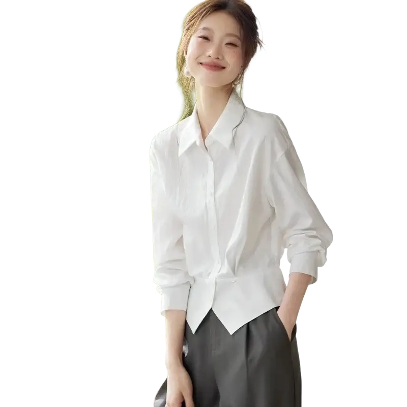 White long sleeve shirt with classic collar and rolled sleeves slim fit office blouse for women