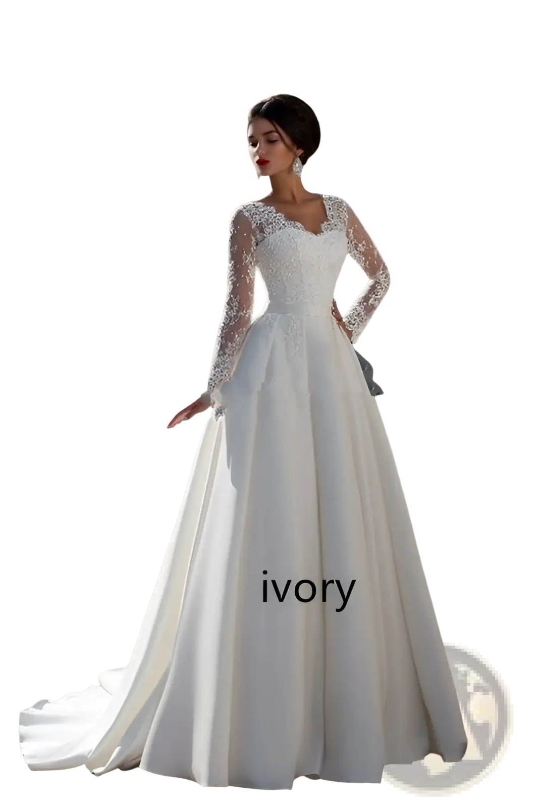Ivory wedding dress with long sheer lace sleeves and a fitted bodice featuring a v neck lace back design