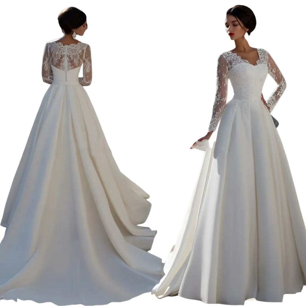 A white wedding gown with long lace sleeves and a fitted bodice featuring a v neck lace back design