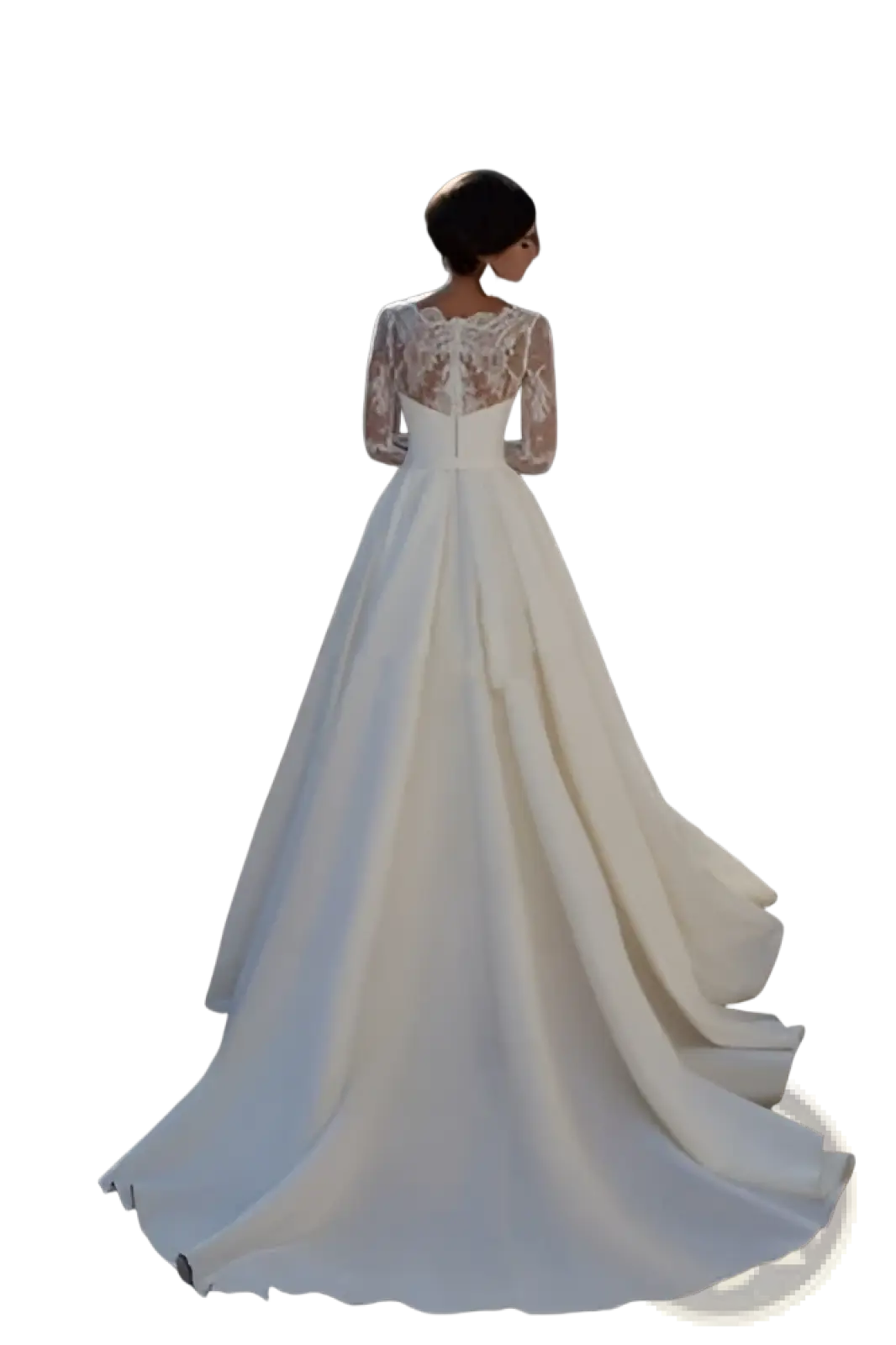 A woman stands on stone stairs showcasing the back of an ivory long sleeve v neck lace back wedding dress