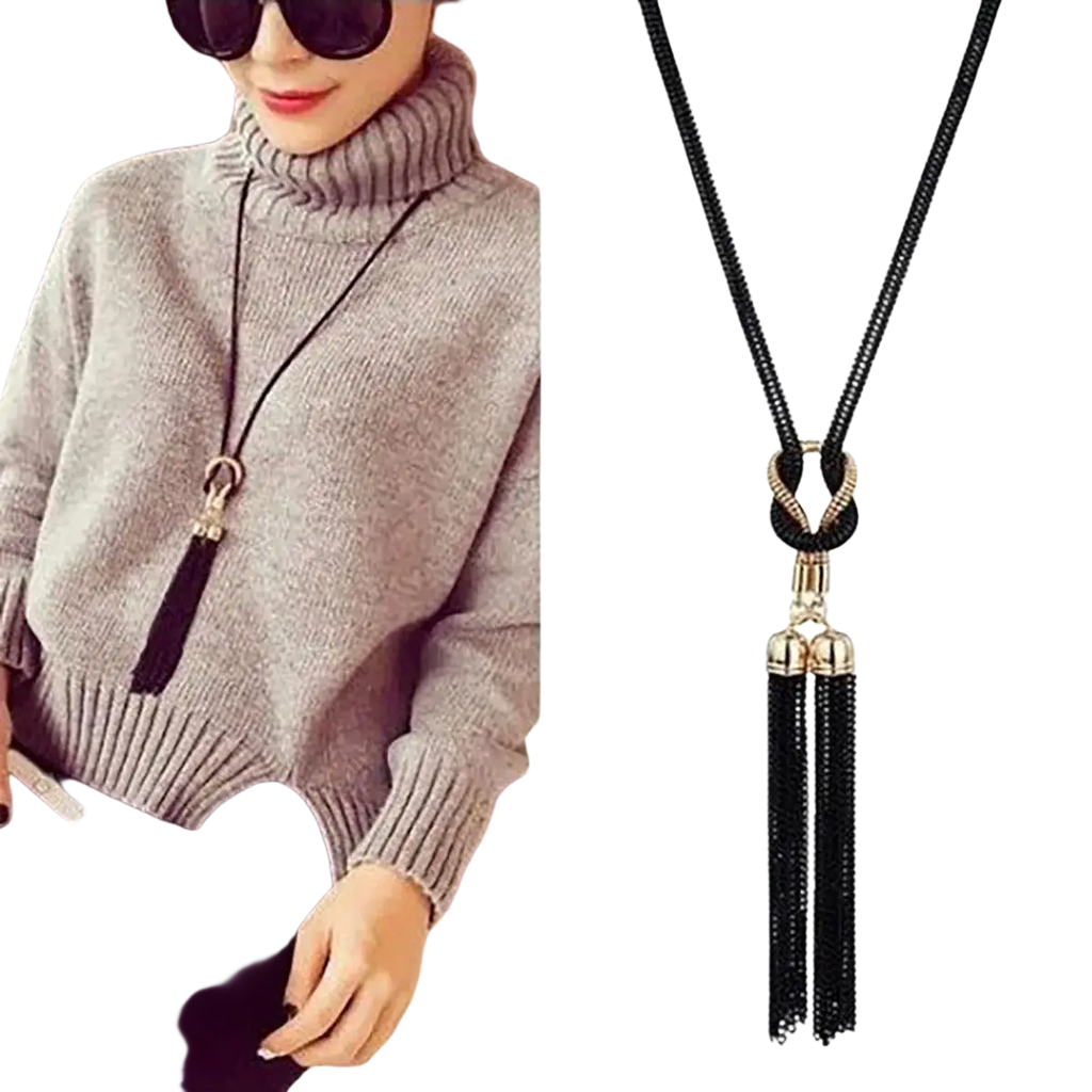 Black tassel long sweater necklace for women with gold alloy knot and metallic accents