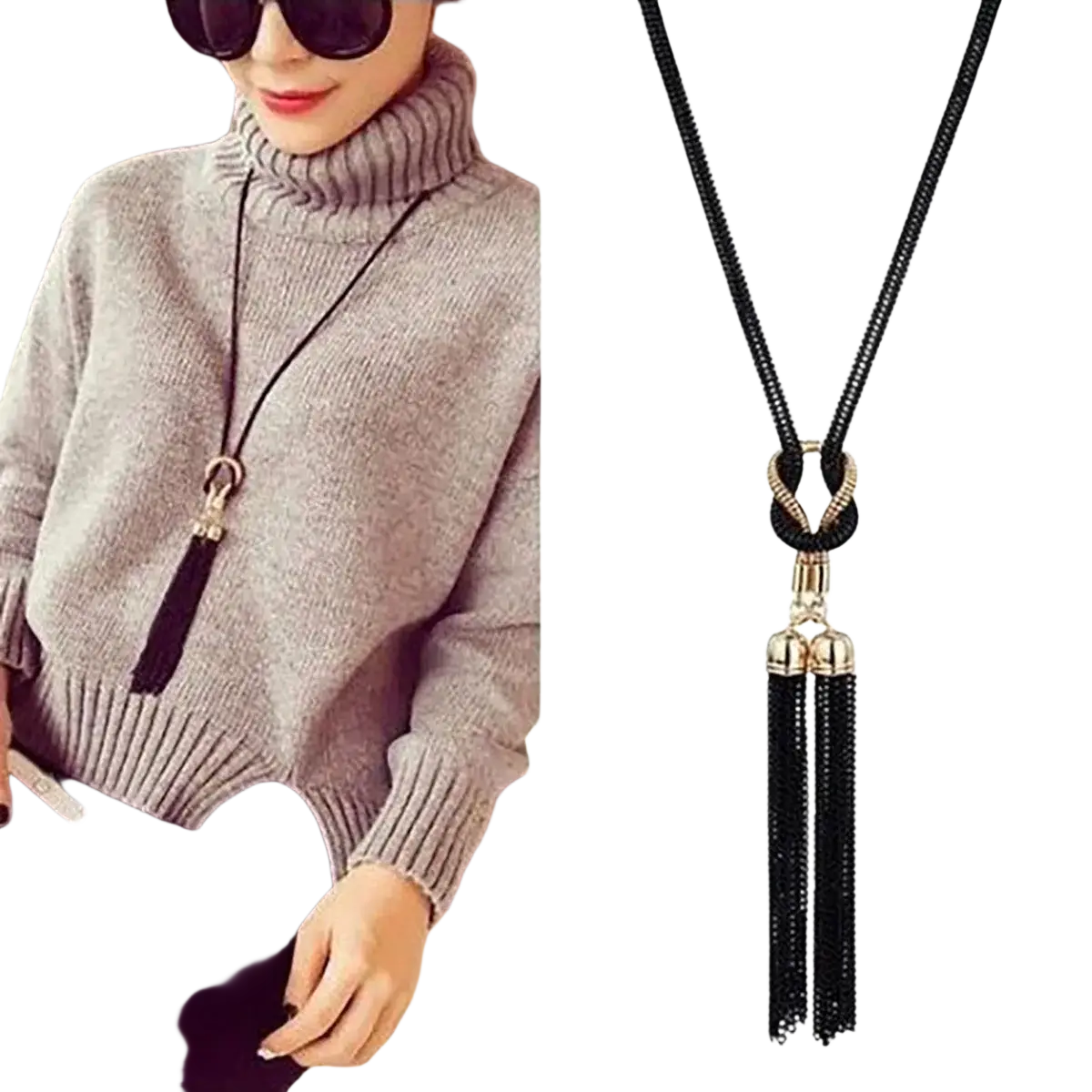 Black tassel long sweater necklace for women with gold alloy knot and metallic accents