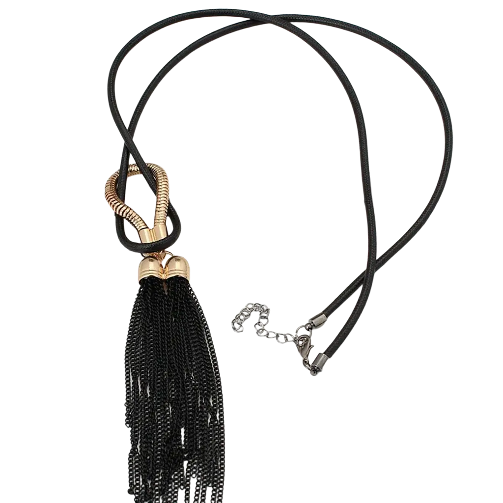 Long tassel sweater necklace for women black tassel with gold alloy clasp and chain for elegant layering