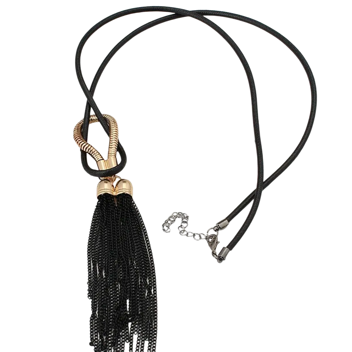 Long tassel sweater necklace for women black tassel with gold alloy clasp and chain for elegant layering