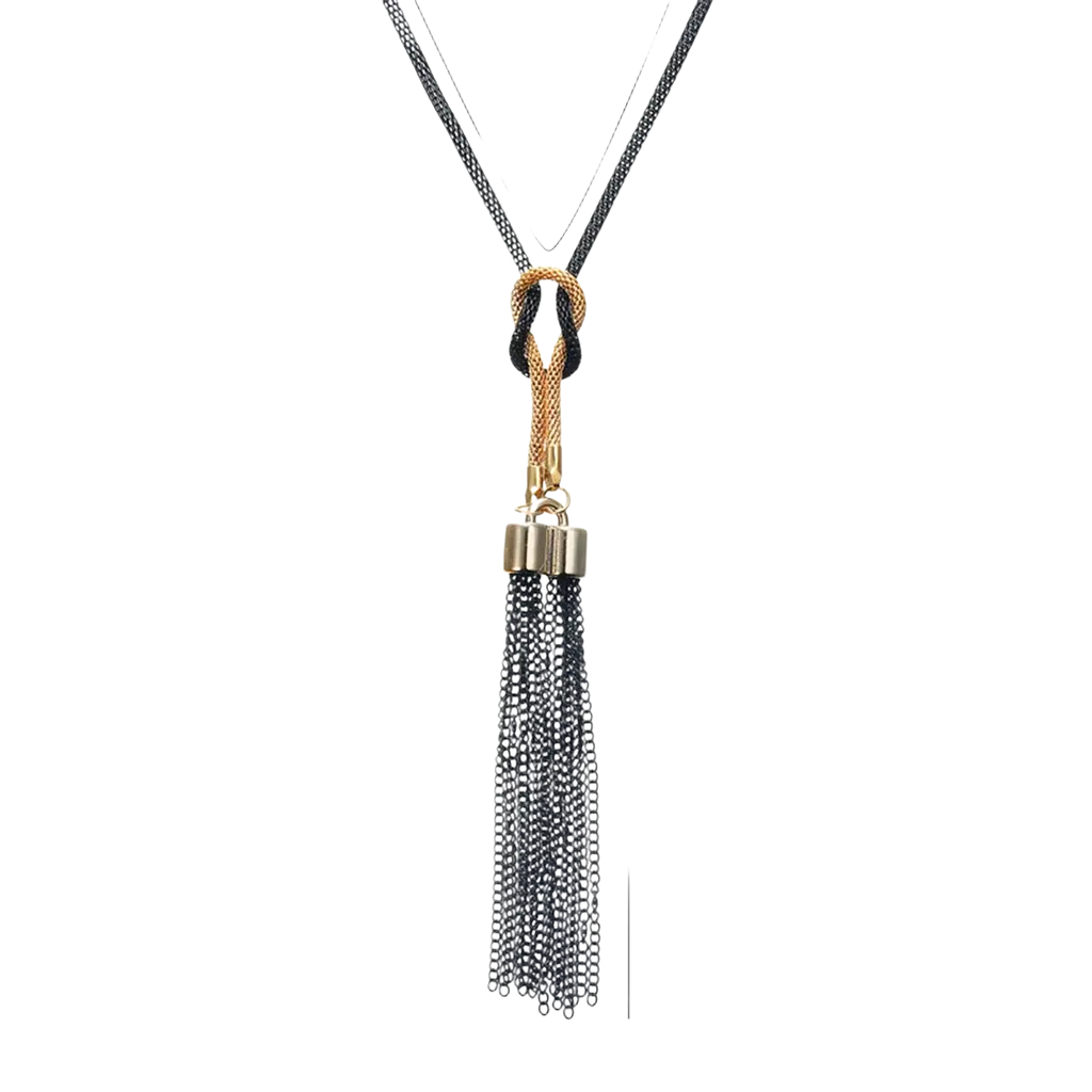 Black chain tassel sweater necklace for women with gold alloy clasp and knot detail