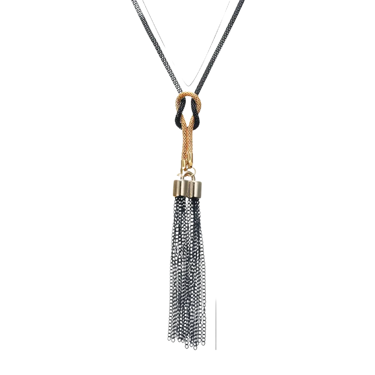 Black chain tassel sweater necklace for women with gold alloy clasp and knot detail