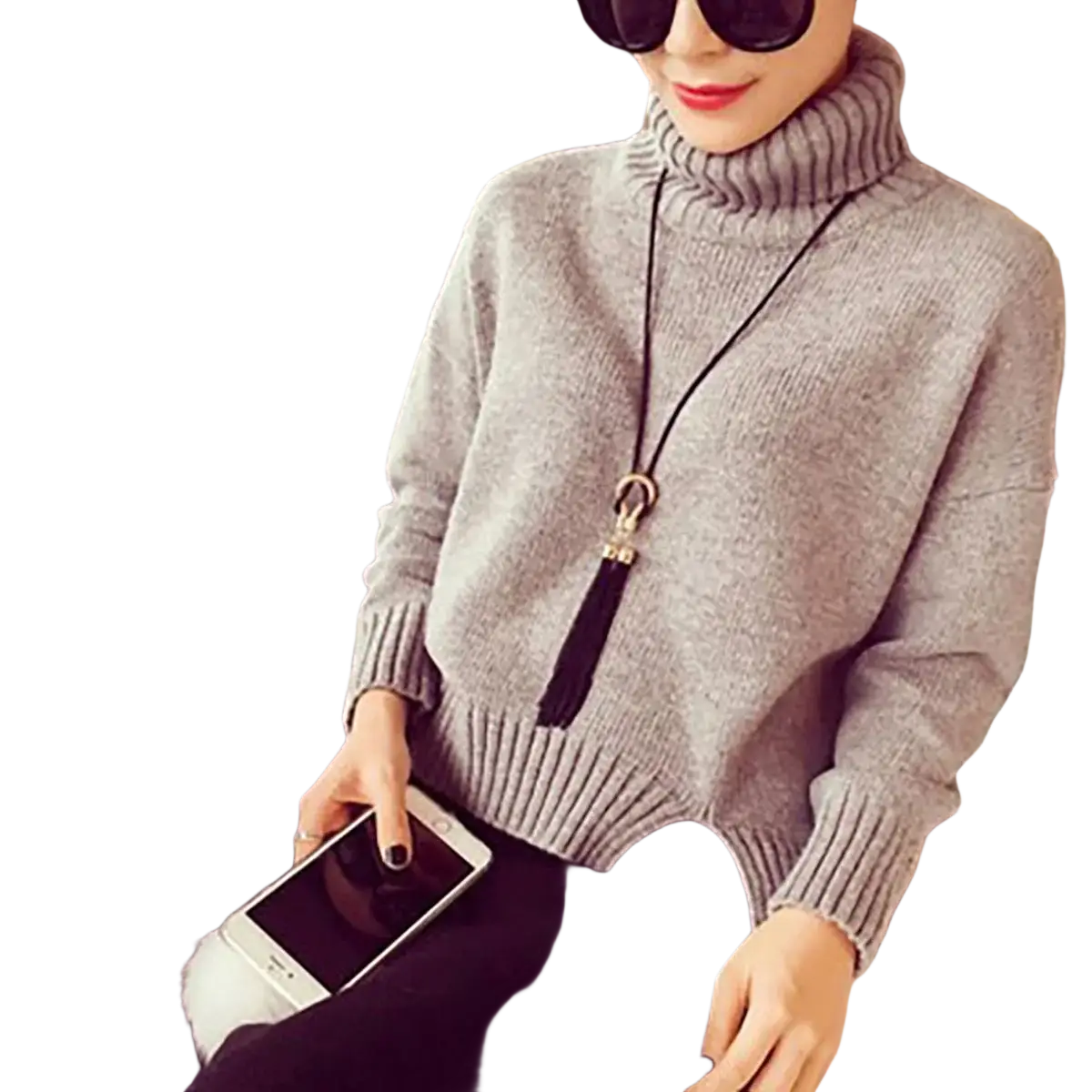 Gray turtleneck sweater with ribbed cuffs and hem paired with a black gold alloy long tassel sweater necklace for women