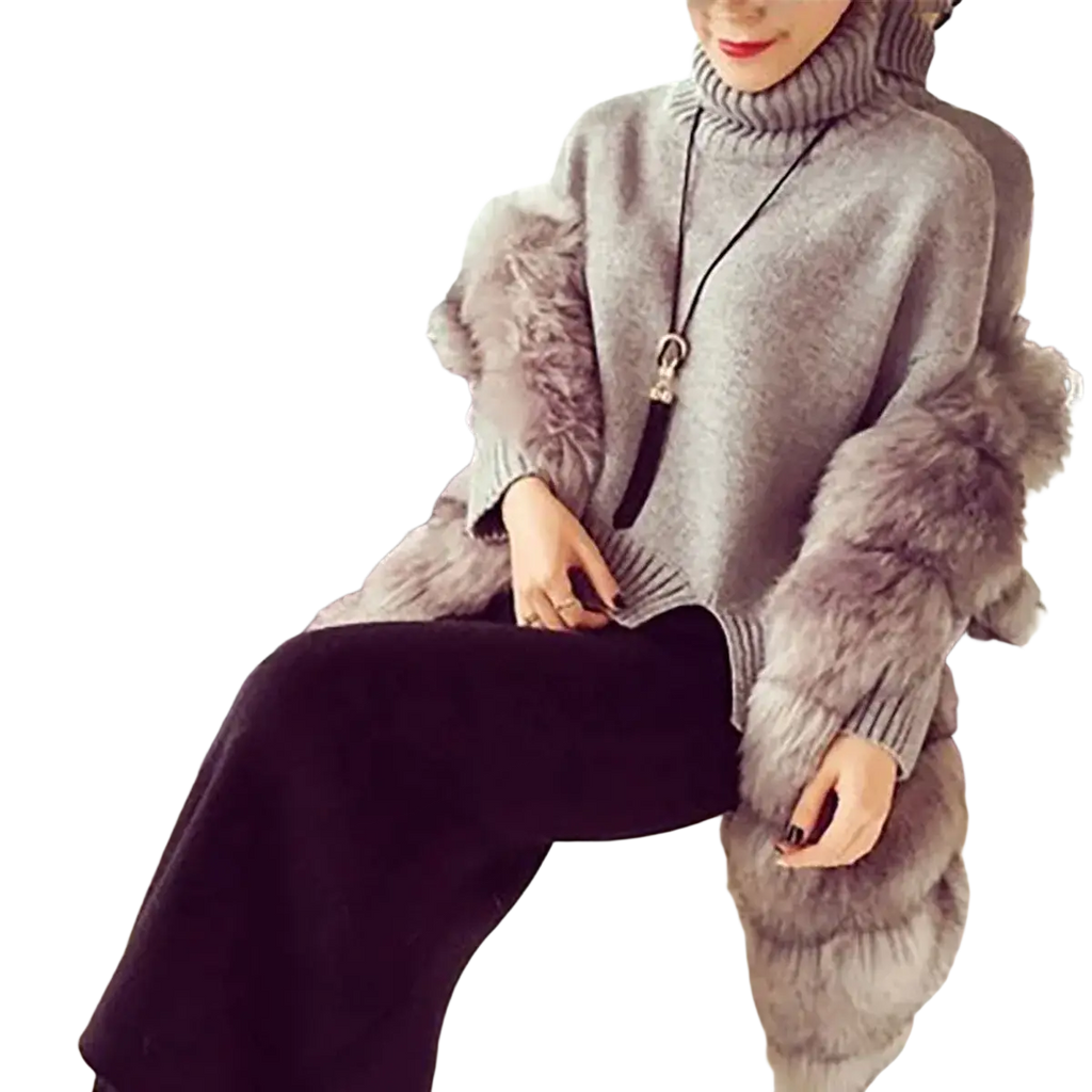 Gray turtleneck sweater with fluffy gray fur trim on sleeves and cuffs paired with black gold alloy long tassel necklace