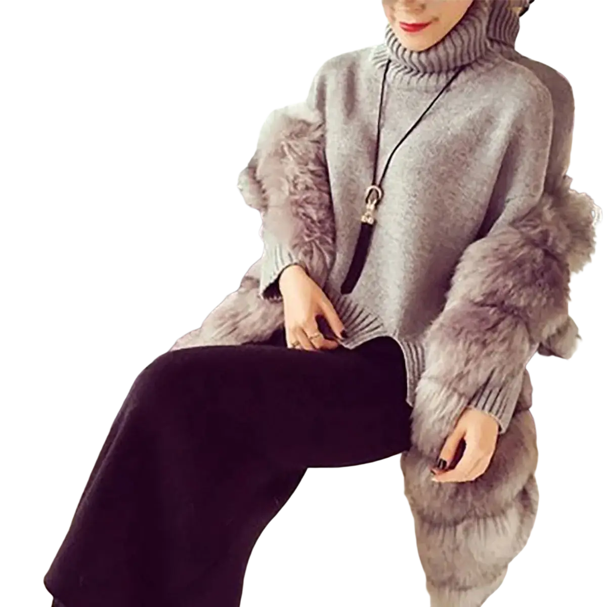 Gray turtleneck sweater with fluffy gray fur trim on sleeves and cuffs paired with black gold alloy long tassel necklace
