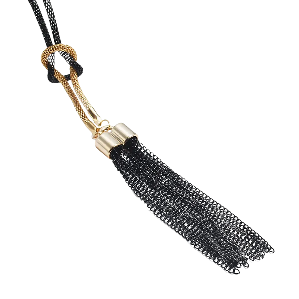 Long tassel sweater necklace for women featuring black mesh tassel with gold-toned alloy hardware