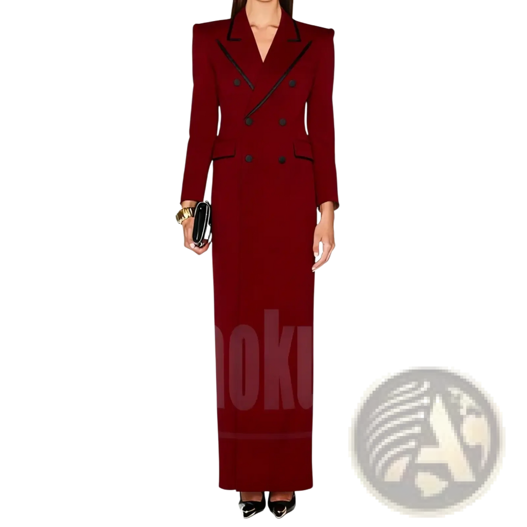 Long white blazer formal coat with black trim featuring a sleek double-breasted wool design and structured shoulders