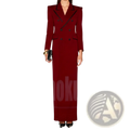 Long white blazer formal coat with black trim featuring a sleek double-breasted wool design and structured shoulders
