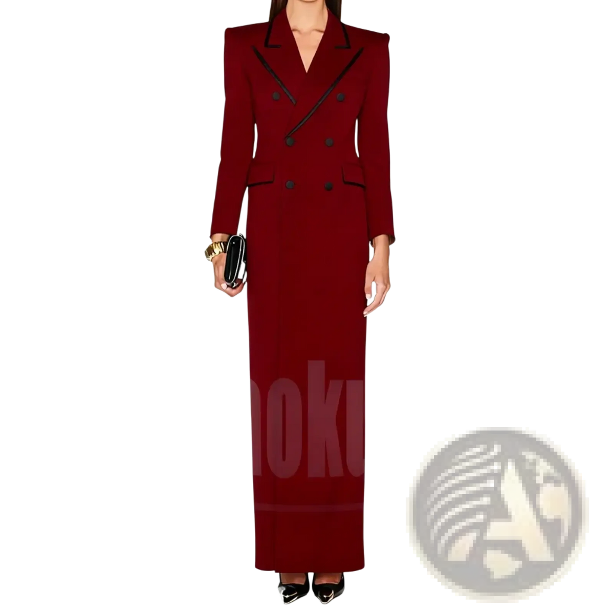 Long white blazer formal coat with black trim featuring a sleek double-breasted wool design and structured shoulders