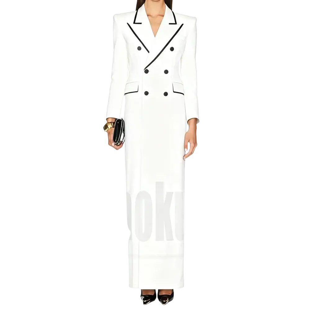 Long white blazer with black trim formal coat featuring double-breasted design and button details