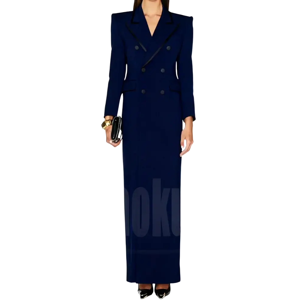 Navy blue double-breasted long coat with structured shoulders and black trim formal outerwear for professional use