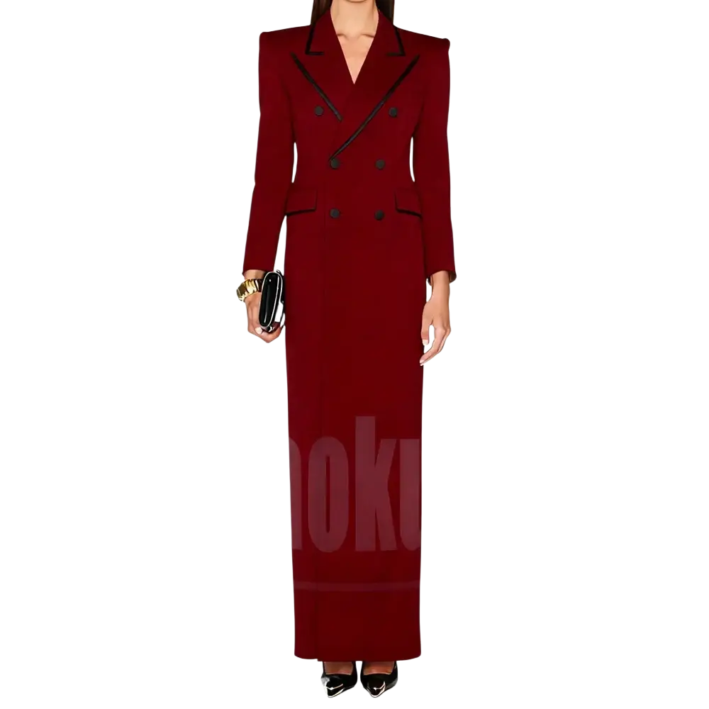 Long white blazer formal coat with black trim featuring a sleek double-breasted wool design and structured shoulders
