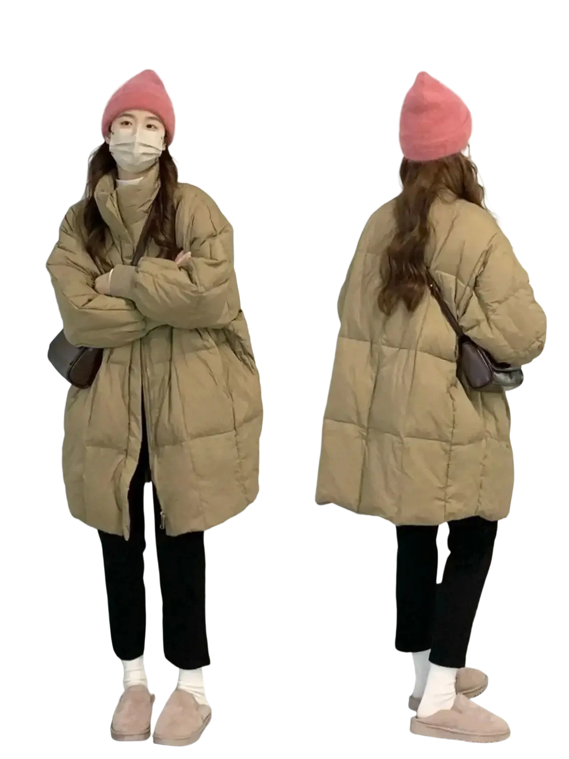 Beige long winter puffer coat for women with quilted design and high collar for cold weather use
