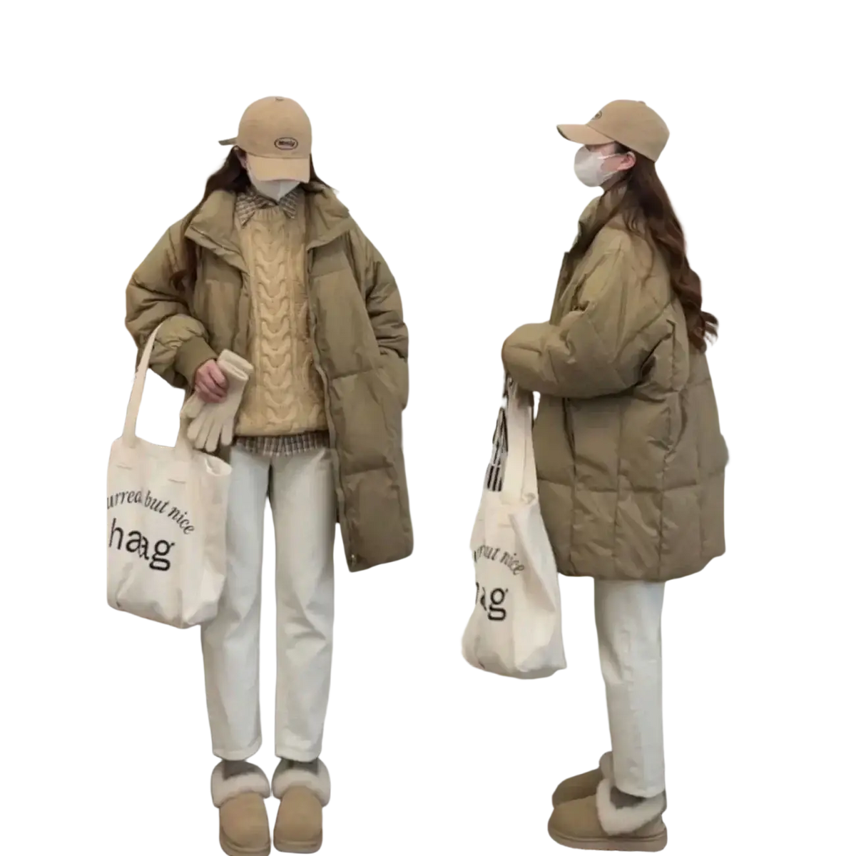 Beige long winter puffer coat for women with quilted design and high collar made of insulated material