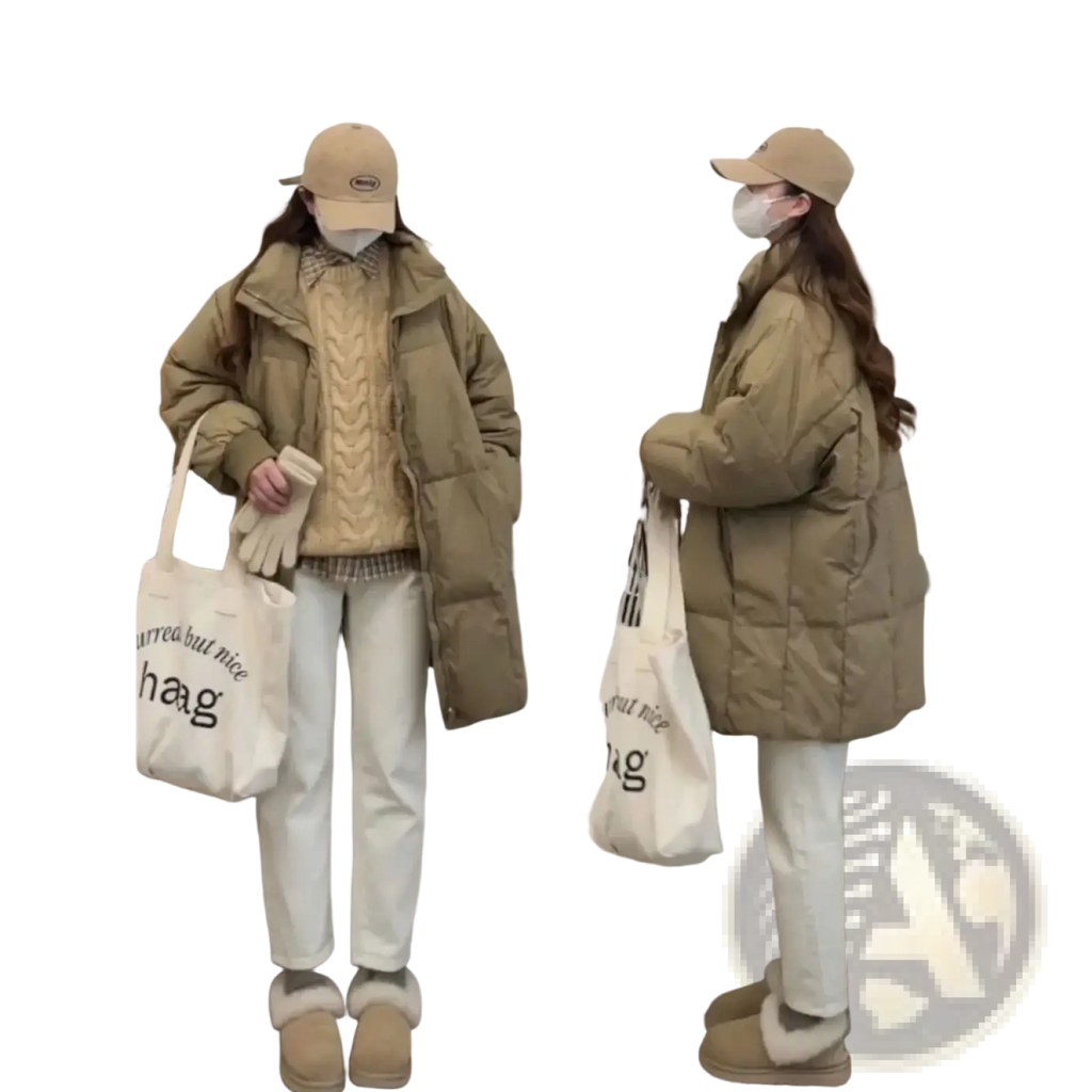 Beige long winter puffer coat for women with quilted design and high collar made of insulated material