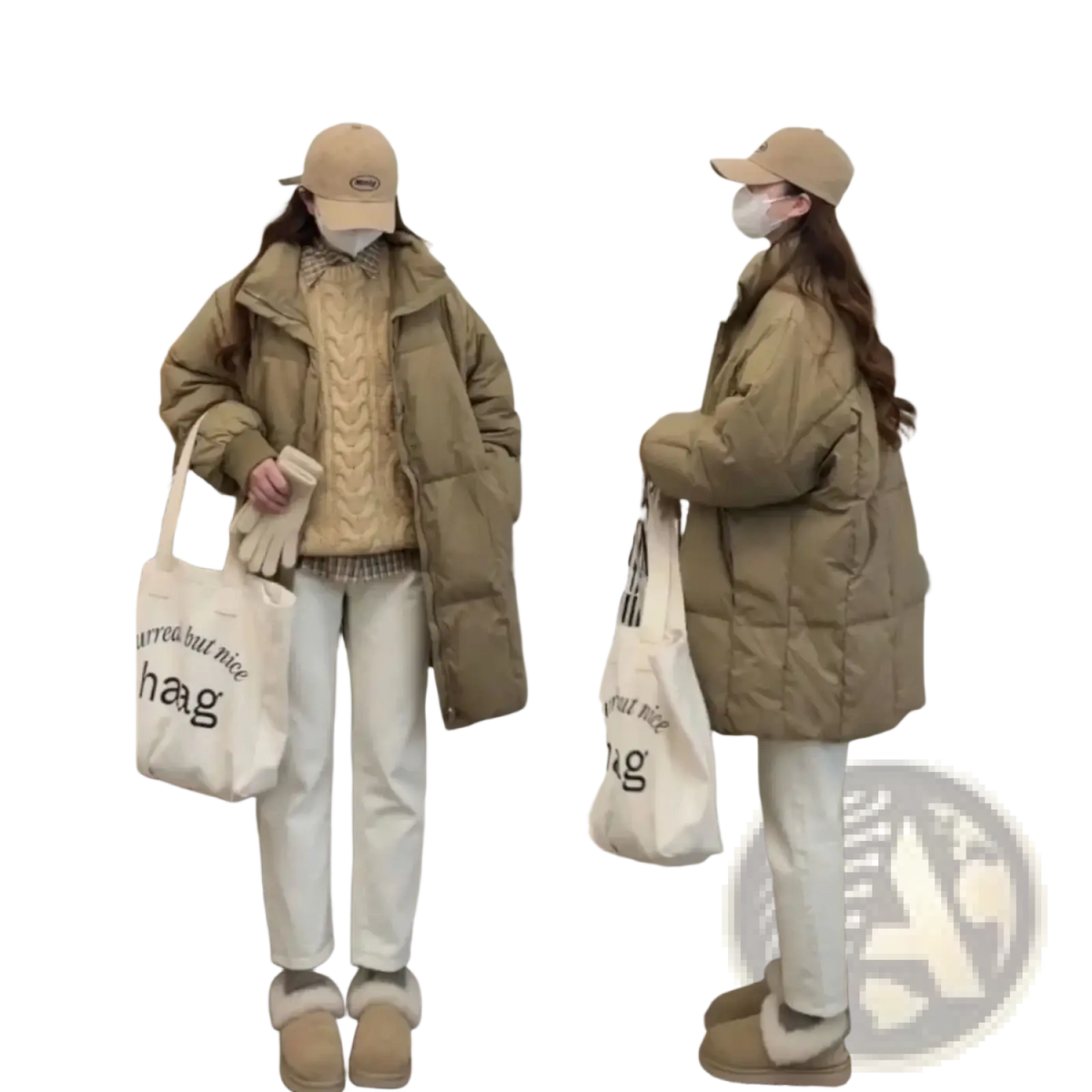 Beige long winter puffer coat for women with quilted design and high collar made of insulated material