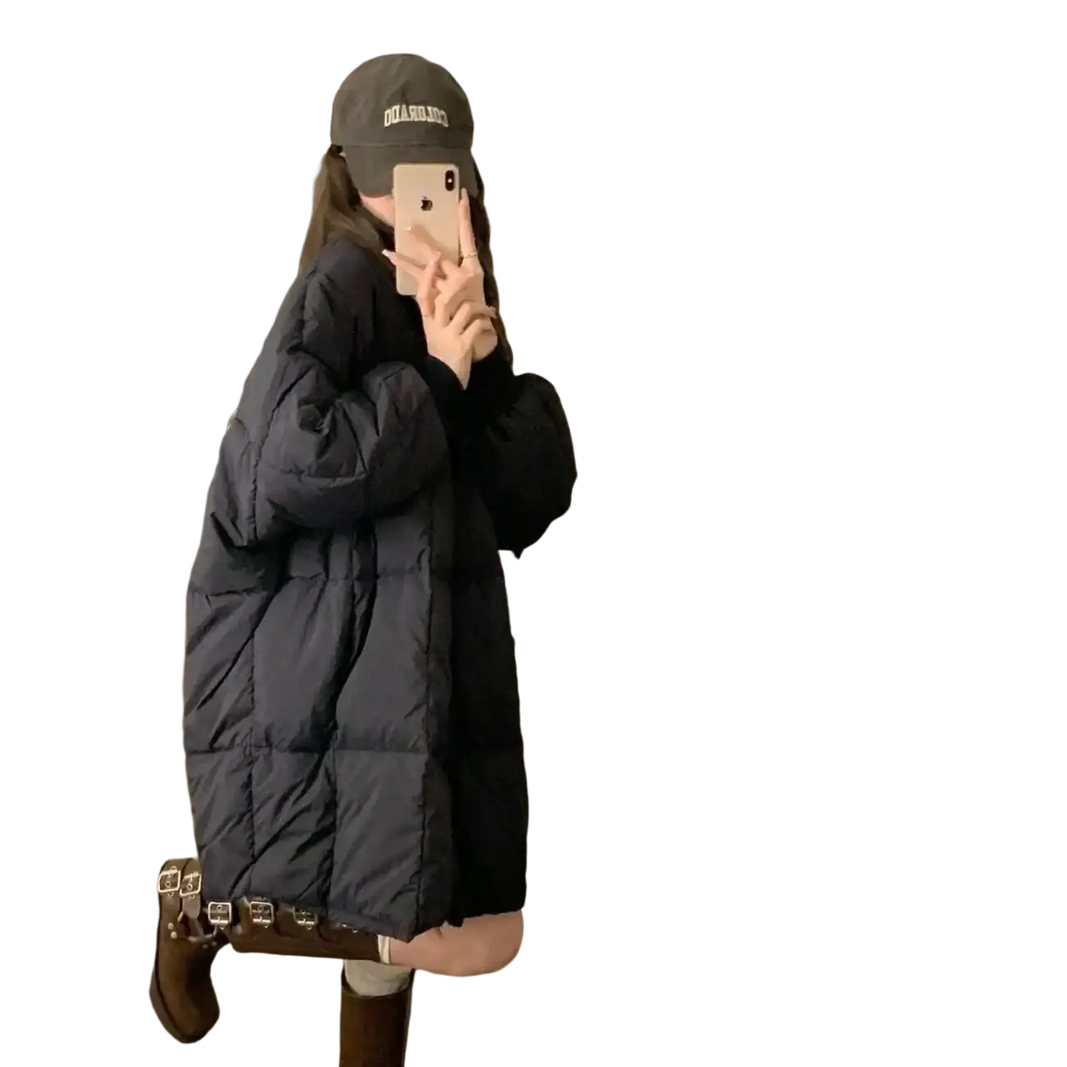 Black quilted long winter puffer coat for women with oversized silhouette and visible stitching lines