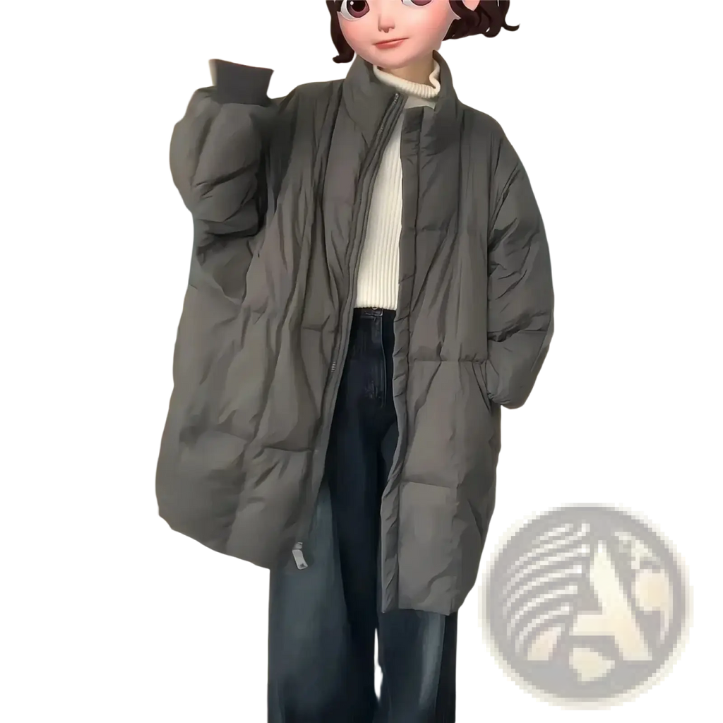 A cozy dark gray long winter puffer coat for women with a high collar and front zipper for warmth