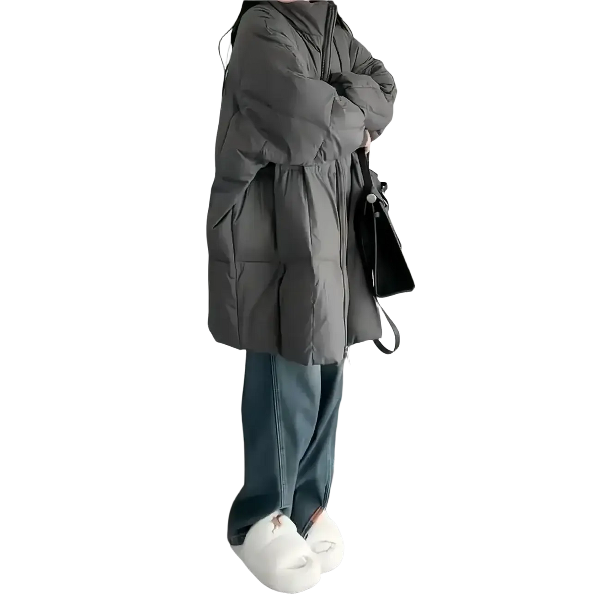 Gray long winter puffer coat for women with quilted design and cinched waist for warmth and style