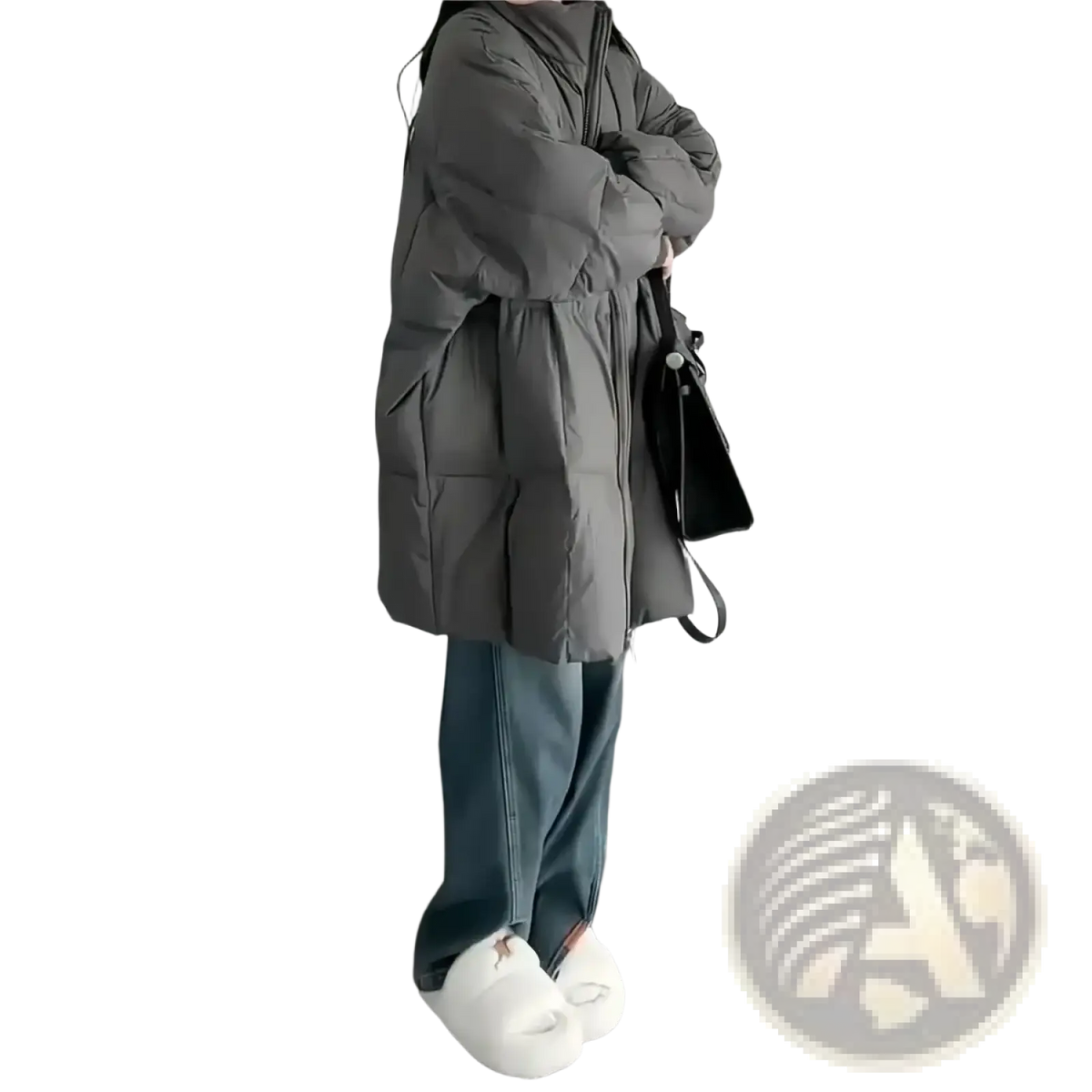 Gray long winter puffer coat for women with quilted design and cinched waist for warmth and style