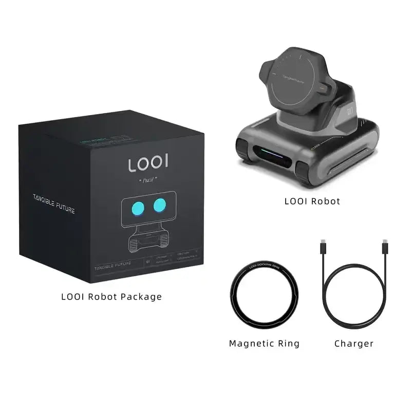 Black looi ai smart robot with remote control features a circular base, glowing blue lights, and a lithium battery