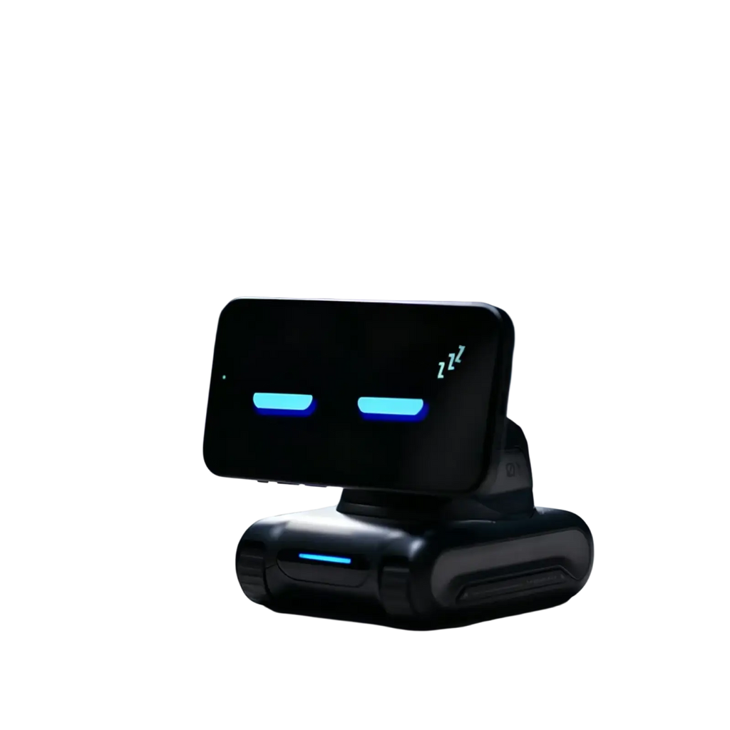 Black looi ai smart robot smartphone stand with glowing blue led eyes sleep symbol and remote control lithium battery