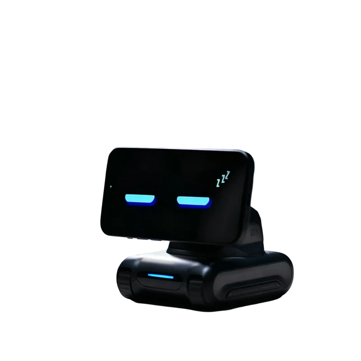 Black looi ai smart robot smartphone stand with glowing blue led eyes sleep symbol and remote control lithium battery