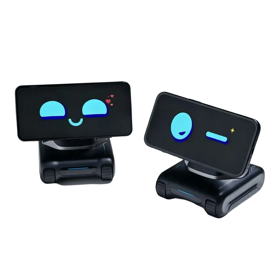 Black looi ai smart robot smartphone stands with glowing blue emoji screens and remote control lithium battery features