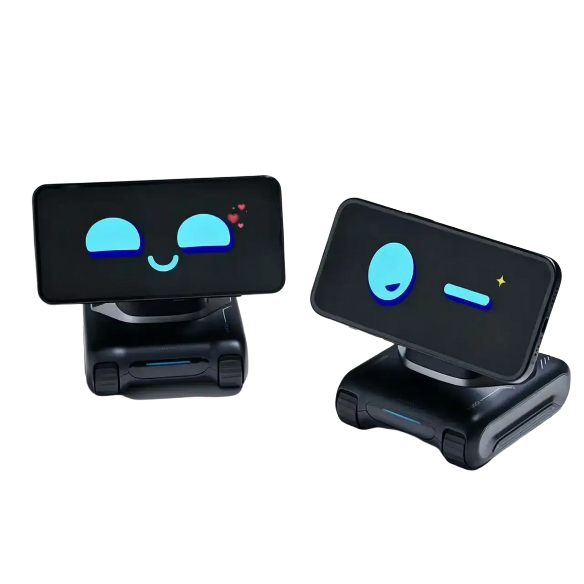 Black looi ai smart robot smartphone stands with glowing blue emoji screens and remote control lithium battery features