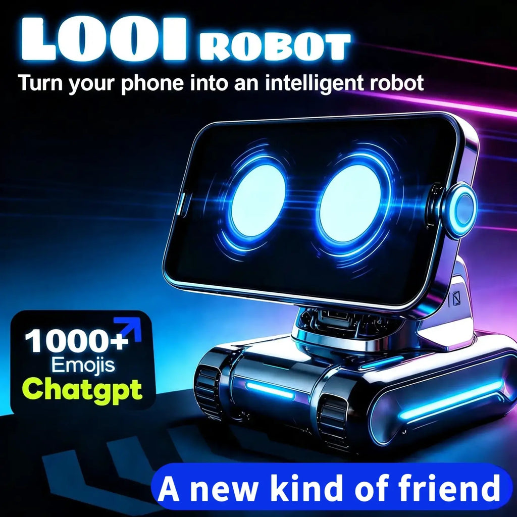 Looi ai smart robot with remote control featuring a sleek metallic chassis, glowing blue eyes, and lithium battery power