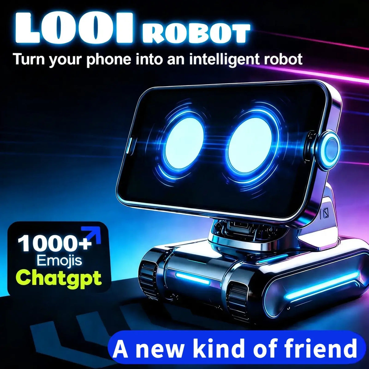 Looi ai smart robot with remote control featuring a sleek metallic chassis, glowing blue eyes, and lithium battery power