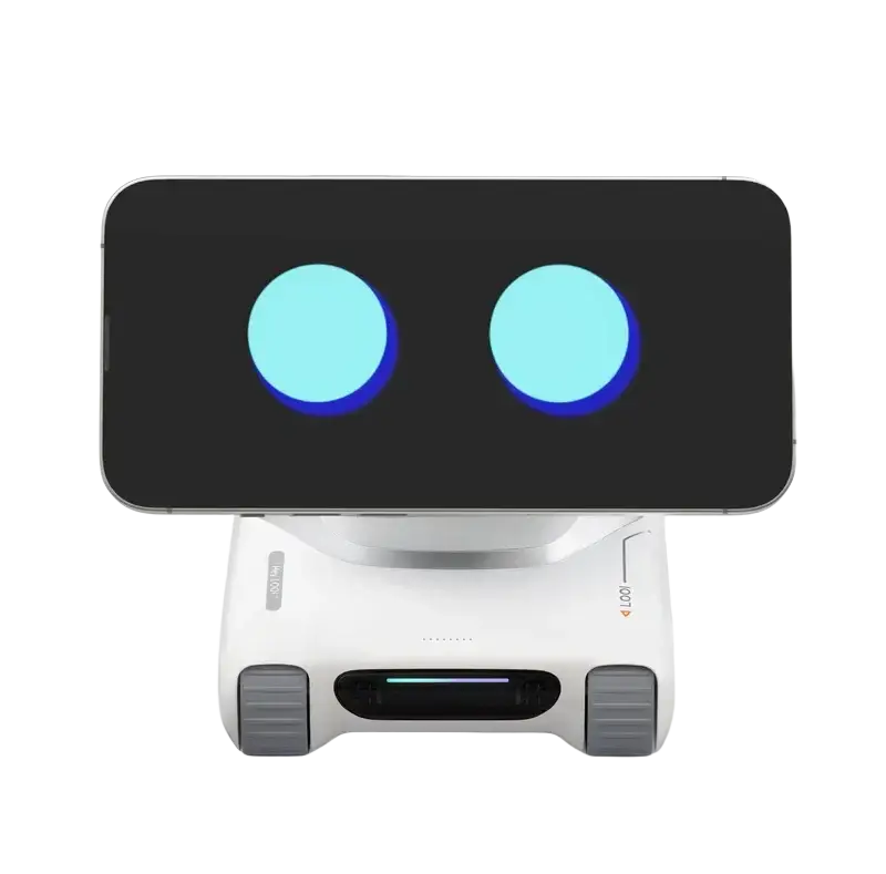 Looi ai smart robot with remote control features white body, gray feet, glowing cyan eyes, and lithium battery slot