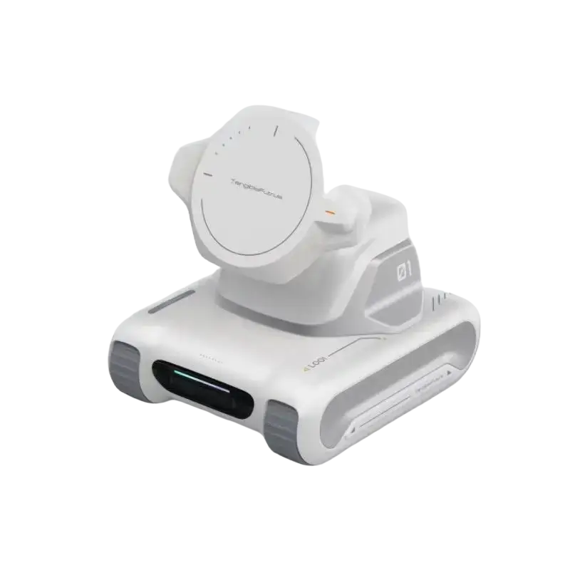 White targus q1 wireless charging stand with gray accents for looi ai smart robot with remote control and lithium battery