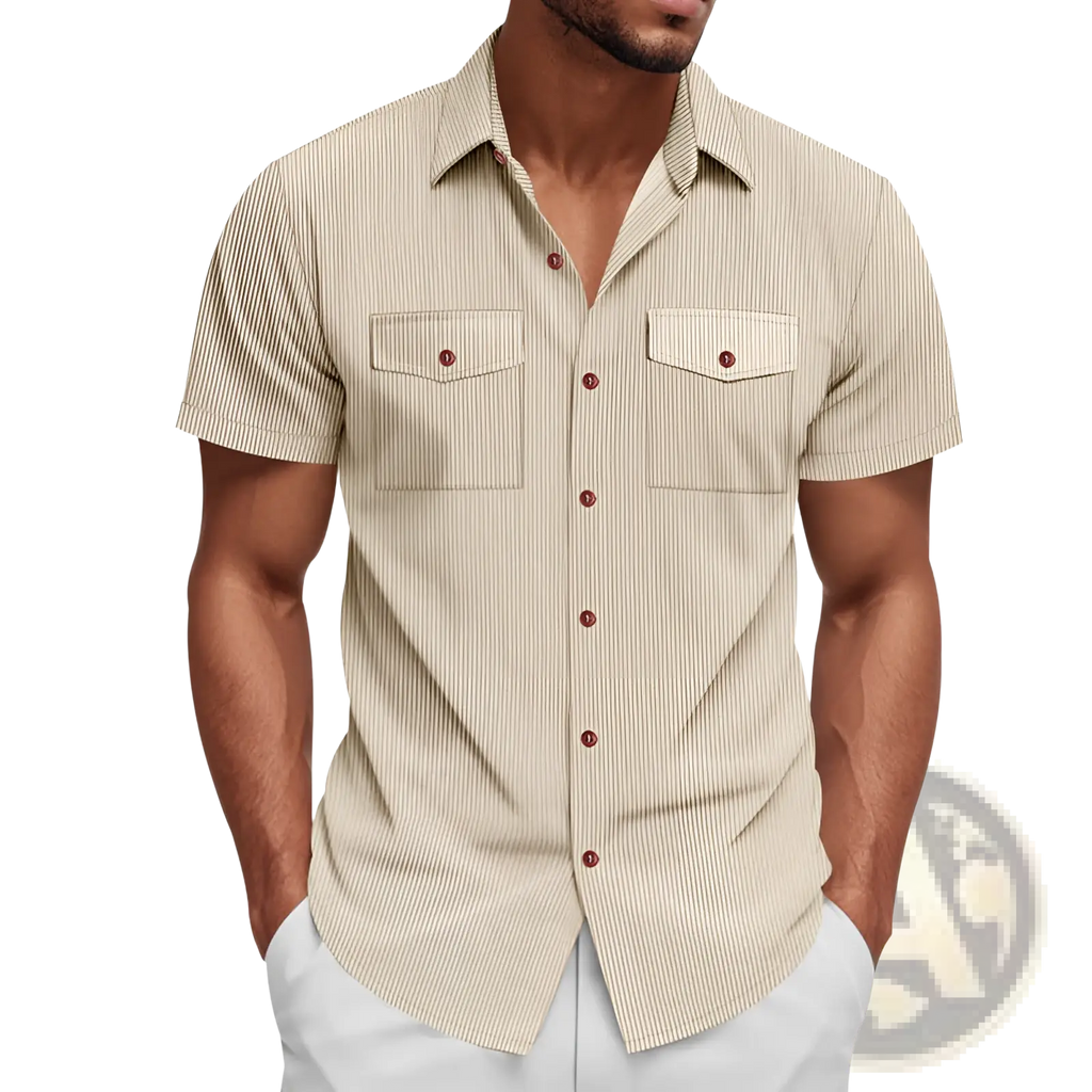 Beige loose corduroy short sleeve workwear shirt with fine vertical stripes and brown buttons front view