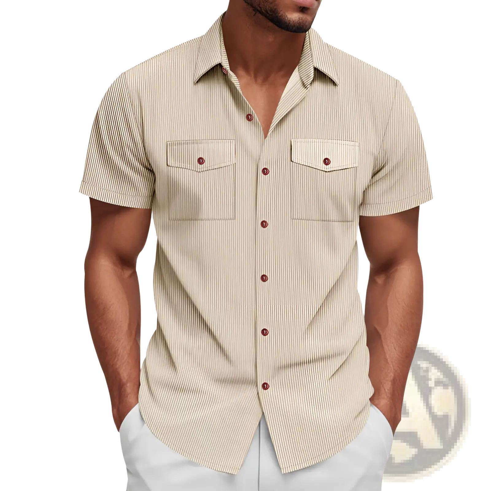 Beige loose corduroy short sleeve workwear shirt with fine vertical stripes and brown buttons front view