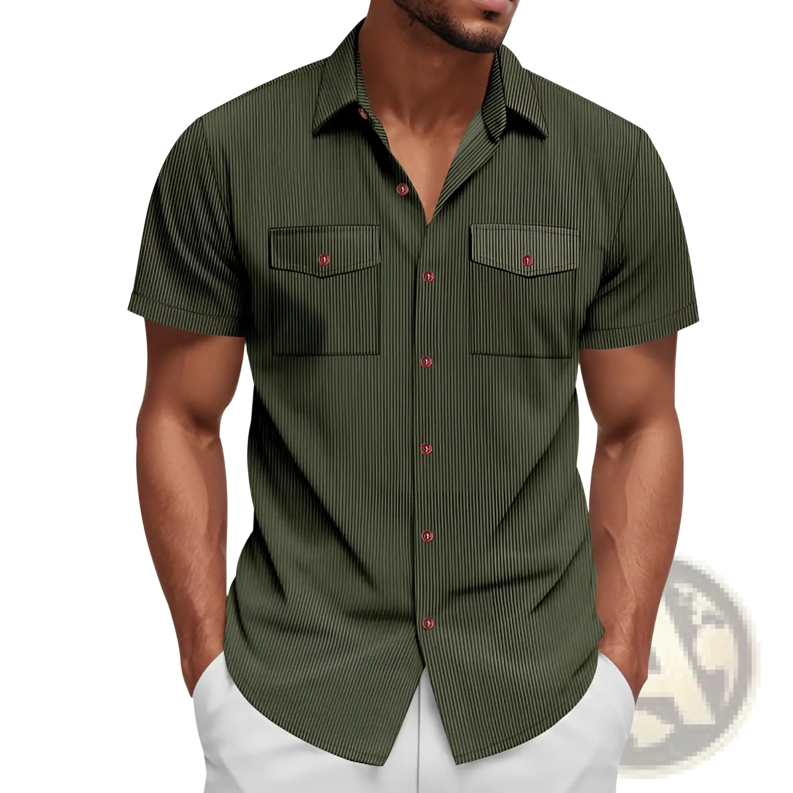 Olive green loose corduroy short sleeve workwear shirt with fine vertical stripes and red buttons