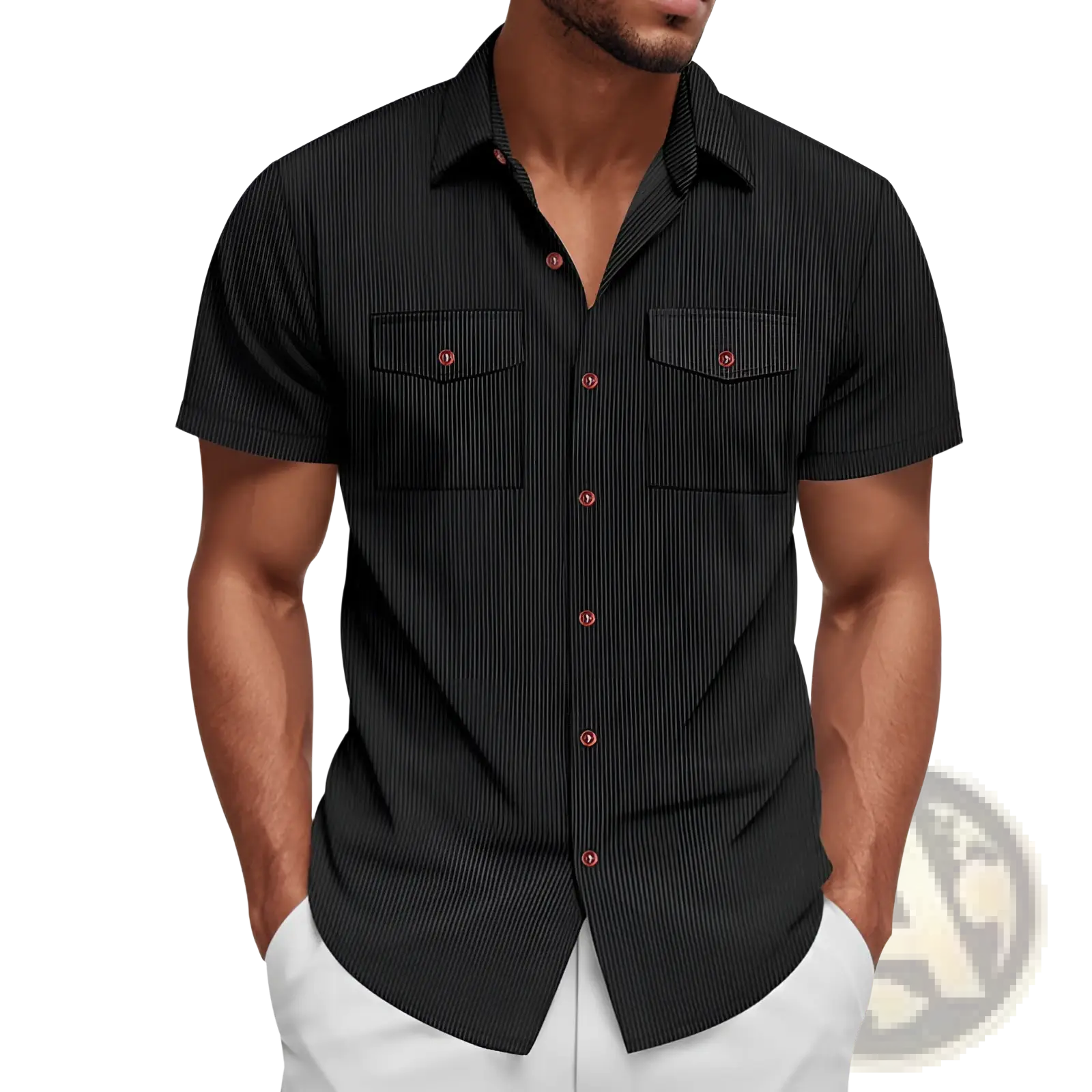 Black loose corduroy short sleeve workwear shirt with fine vertical stripes and red buttons front view