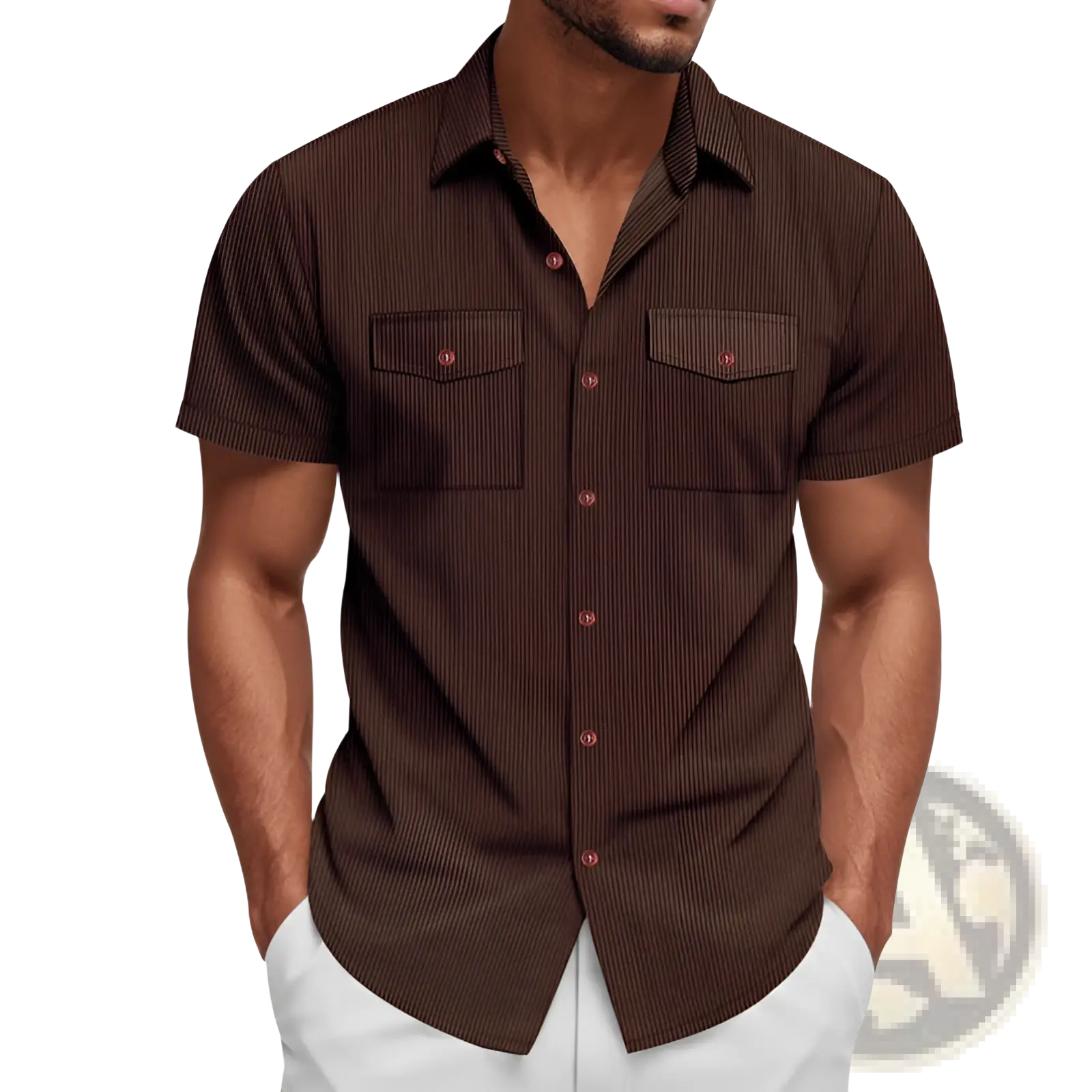 Brown loose corduroy short sleeve workwear shirt with fine vertical stripes and contrasting pink buttons