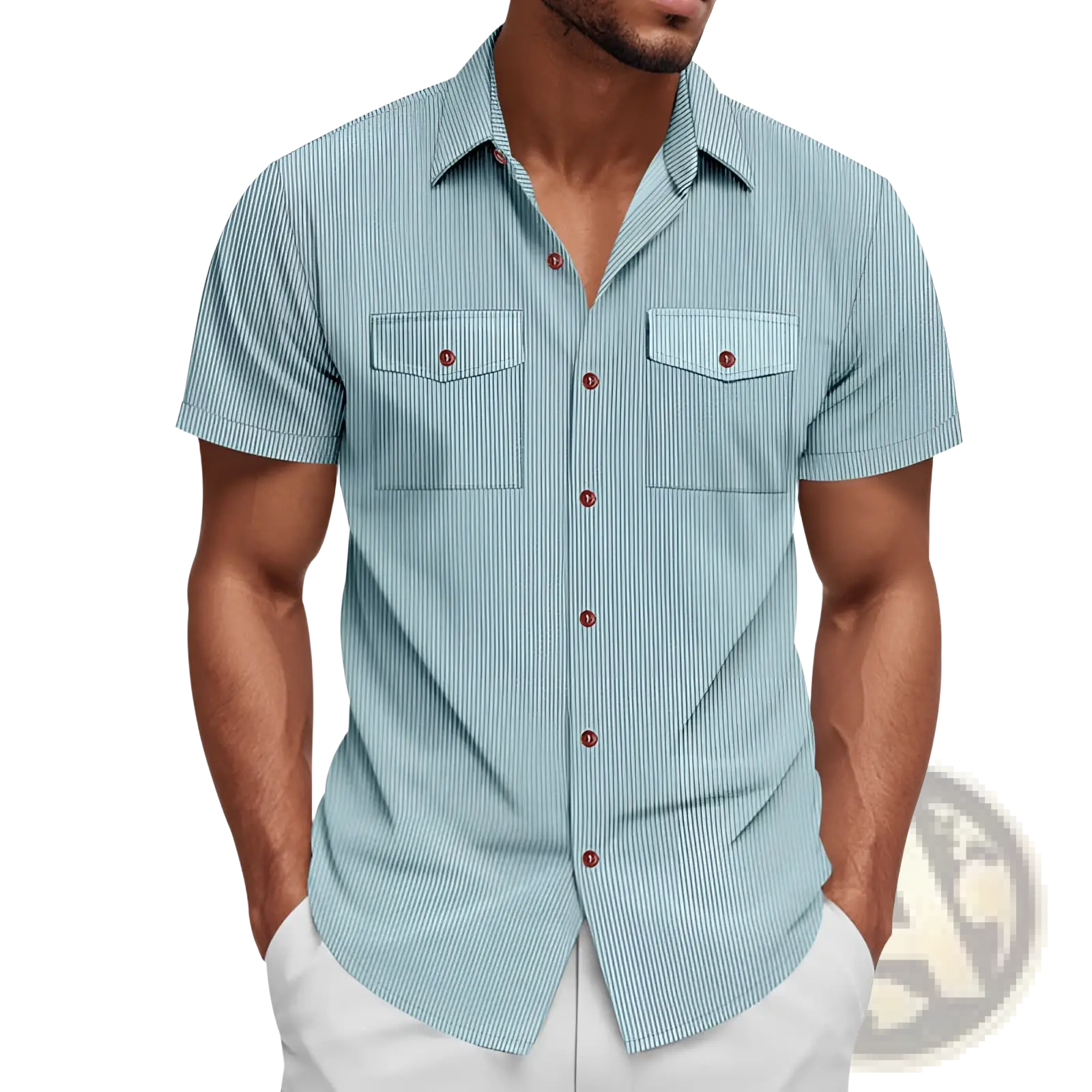 Light blue corduroy short sleeve workwear shirt with fine vertical stripes and brown buttons