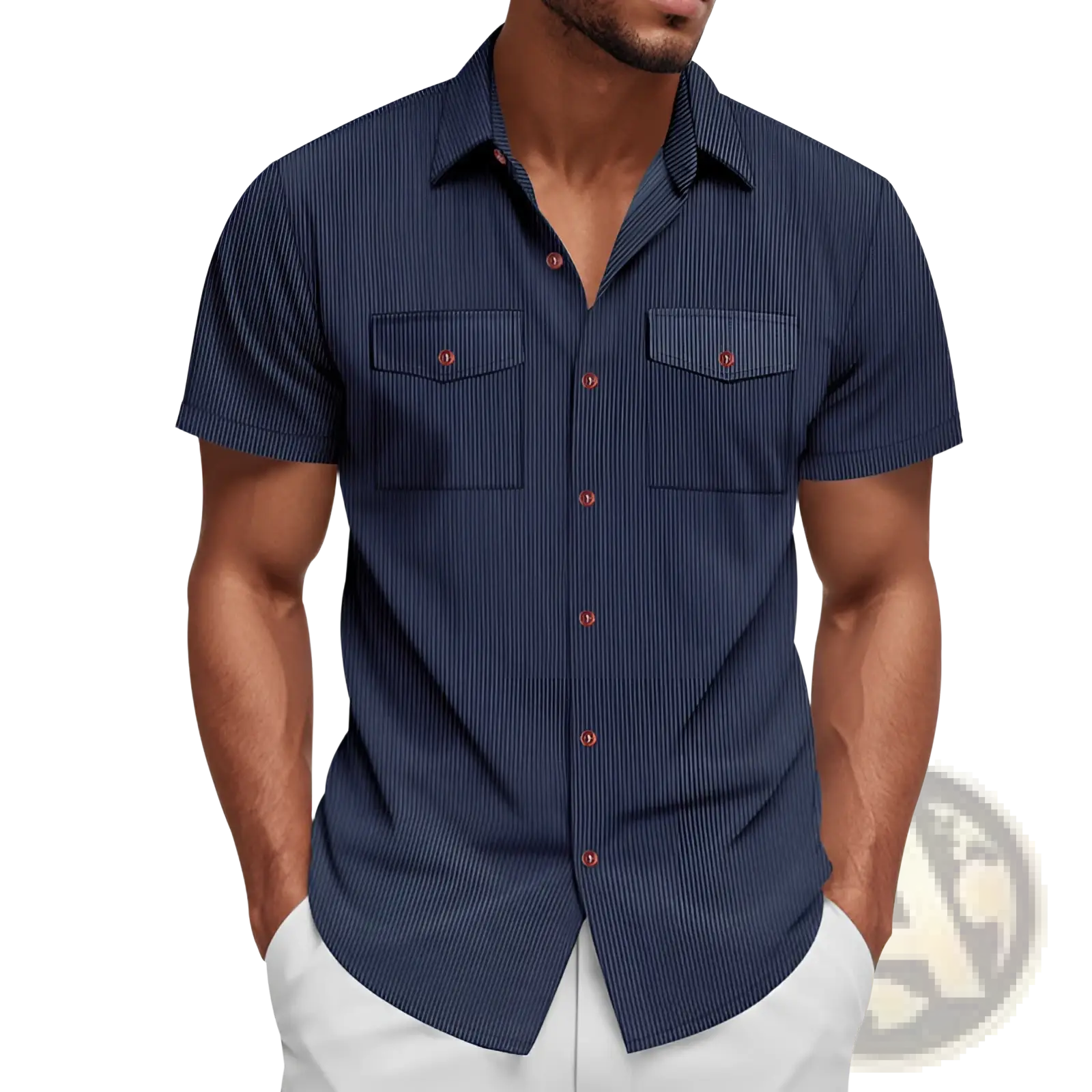 Navy blue loose corduroy short sleeve workwear shirt with fine vertical stripes and rust-colored buttons