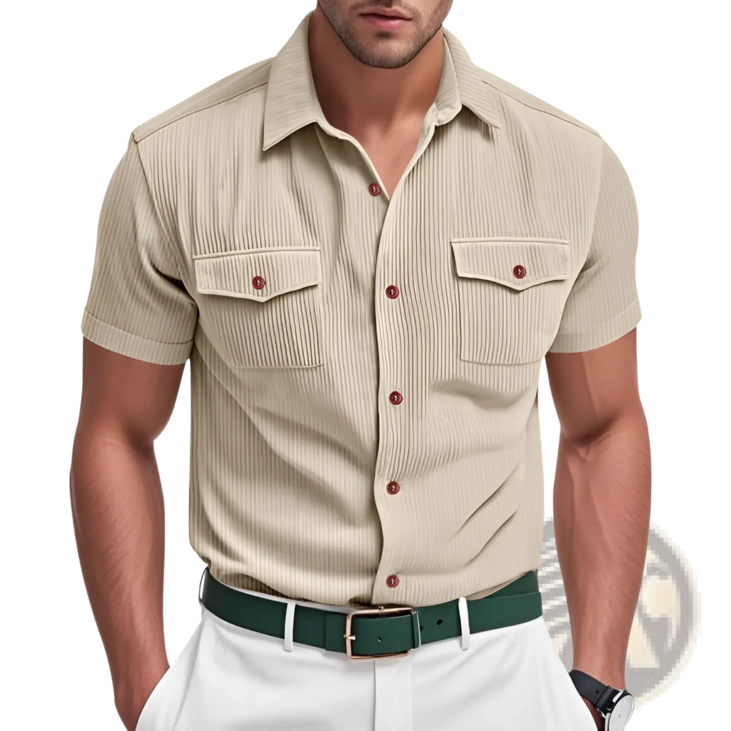 Beige ribbed loose corduroy short sleeve workwear shirt with two chest pockets and rust colored buttons
