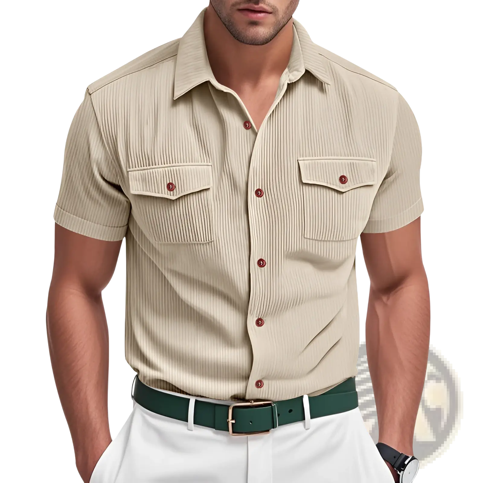 Beige ribbed loose corduroy short sleeve workwear shirt with two chest pockets and rust colored buttons