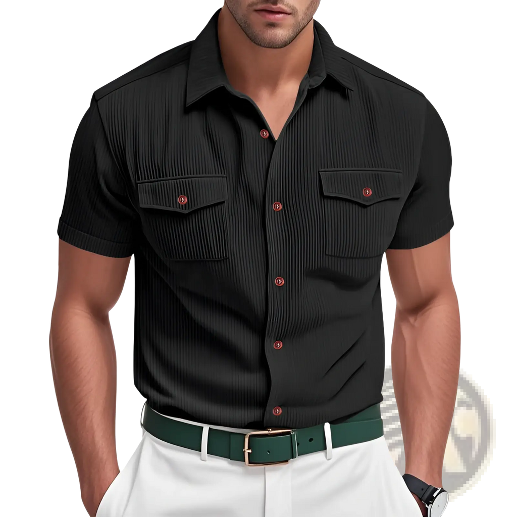 Loose corduroy short sleeve workwear shirt in black with vertical ribbed texture and red buttons on front side