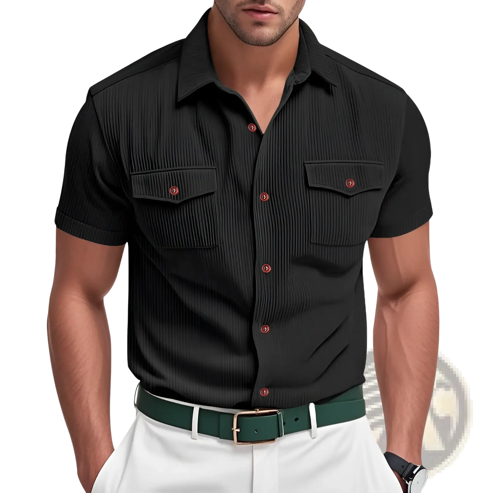Loose corduroy short sleeve workwear shirt in black with vertical ribbed texture and red buttons on front side