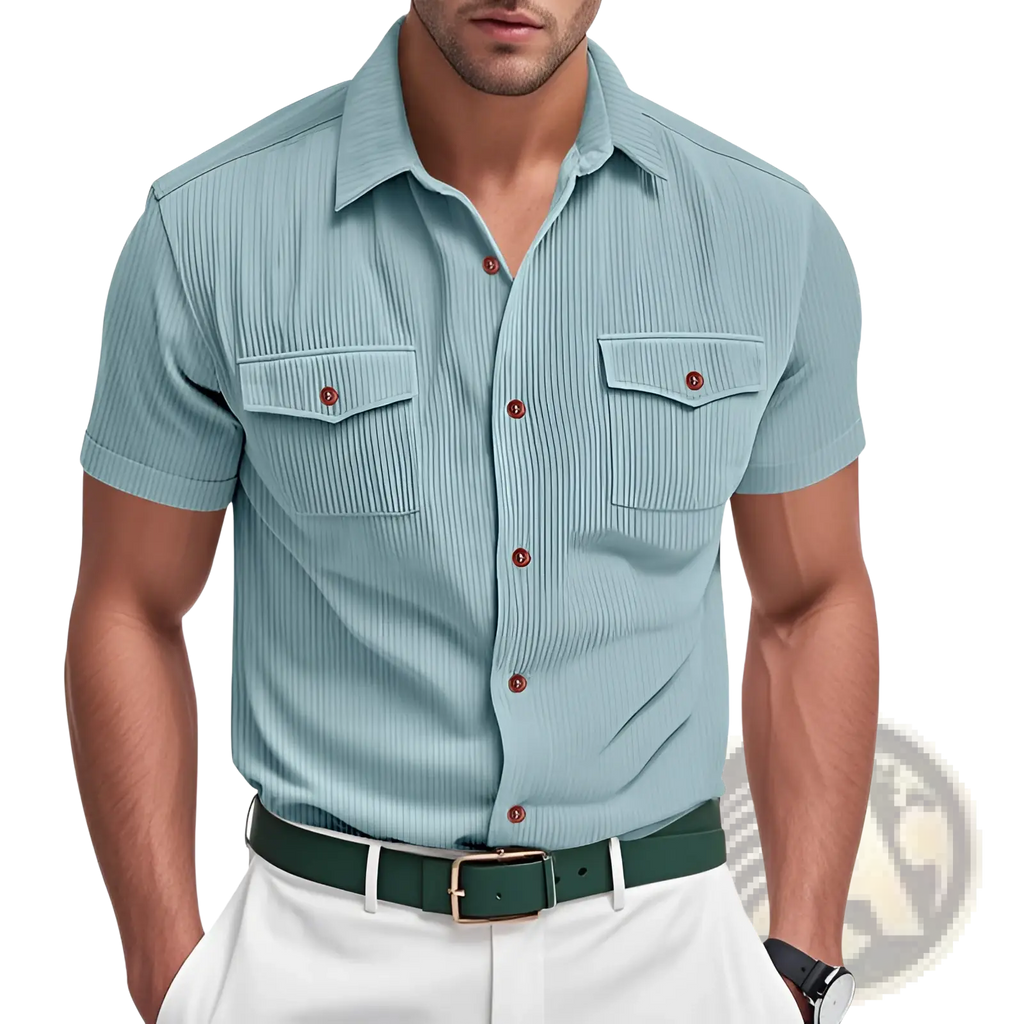 Light blue loose corduroy short sleeve workwear shirt with ribbed texture, two chest pockets, and brown buttons