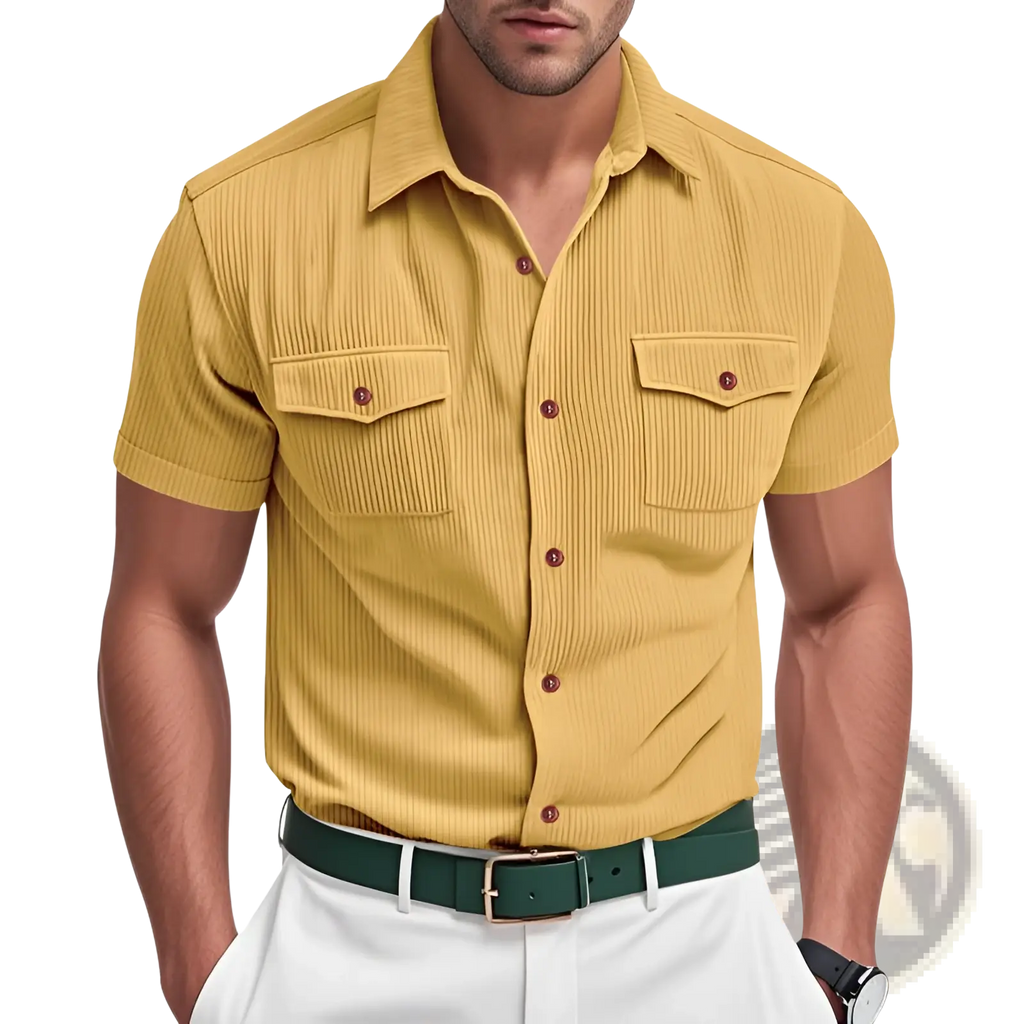 A mustard-yellow loose corduroy short sleeve workwear shirt with vertical ribbed texture and two chest pockets